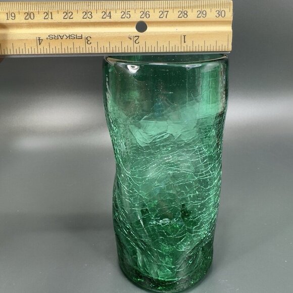Crackle Green Glass Tumbler Pinched Dimpled Tumblers Cups Glasses Set 2 Vintage - Picture 6 of 13